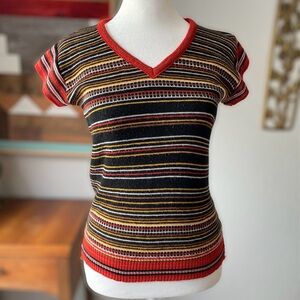 Vintage Striped V-Neck Short Sleeve Top in Black, Red, Yellow